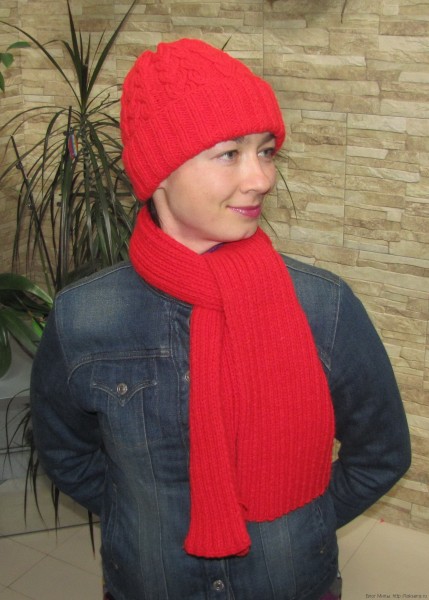 Красная вязаная шапка с косами и шарф спицами