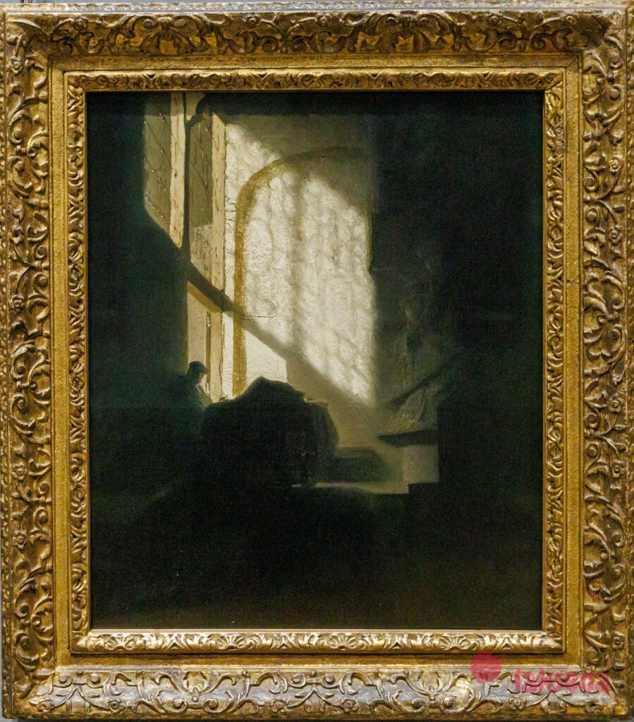 Лондонская национальная галерея XVII век голландцы рембрандт Мужчина,сидящий и читающий за столом в высокой комнате, последователь Рембрандта