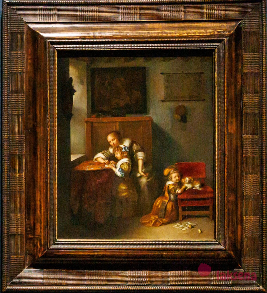 Лондонская национальная галерея XVII век голландцы рембрандт Женщина учит ребенка читать, Каспар Нетшер