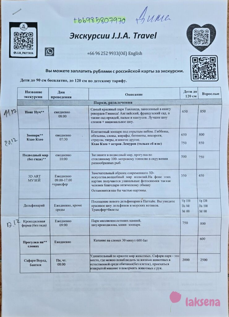 Прайсы на экскурсии Паттайя 2025 компании J.J.A. Travel