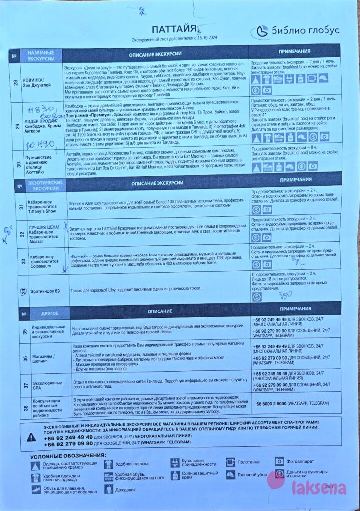 Прайсы на экскурсии Паттайя 2025 компании Библио глобус