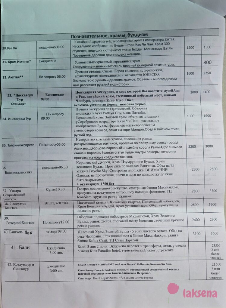 Прайсы на экскурсии Паттайя 2026 компании J.J.A. Travel